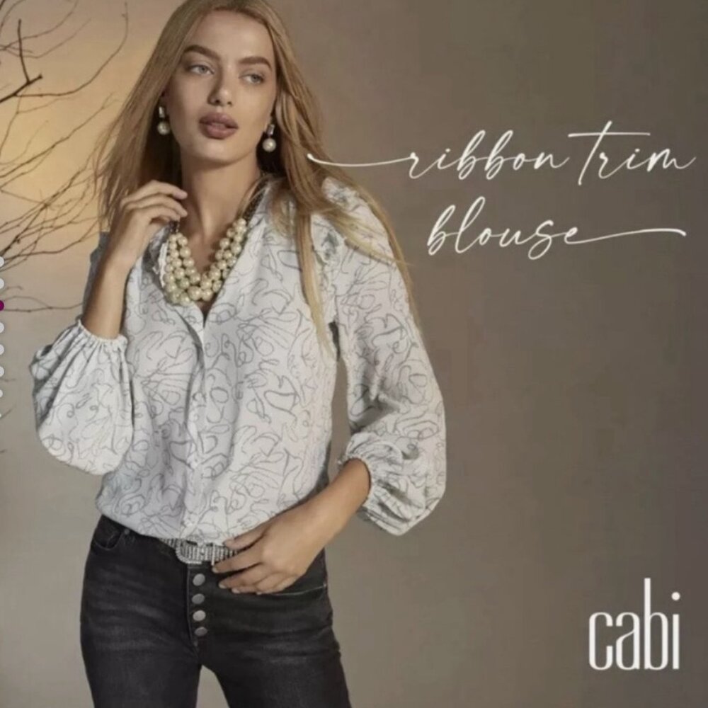 Cabi - White & Black Ribbon Trim Blouse - L